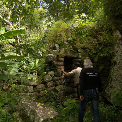 Timothy Alberino exploring undiscovered ruins near Machu Picchu, Peru, with Anselm Pi Rambla.