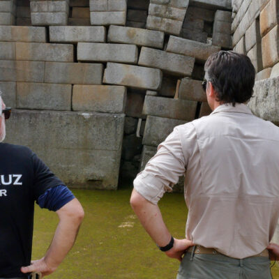 Timothy Alberino investigating the Main Temple at Machu Picchu, Peru, with Anselm Pi Rambla.