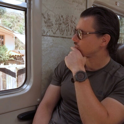Timothy Alberino on the train to Machu Picchu in Peru.