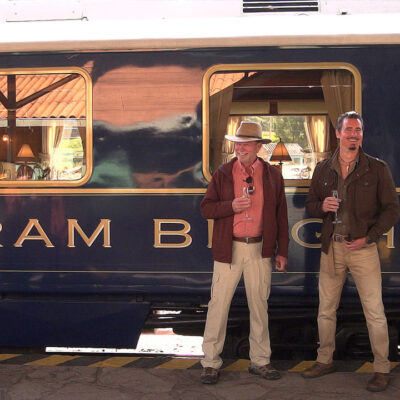 Timothy Alberino and Gary Heavin preparing to board the Hiram Bingham train to Machu Picchu, Peru.