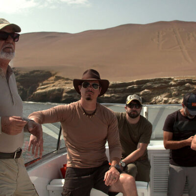 Timothy Alberino investigating the Candelabra geoglyph in the Bay of Paracas, Peru, with Anselm Pi Rambla and Gary Heavin.