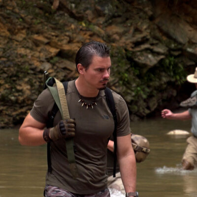 Timothy Alberino and Gary Heavin hiking to Alberino's property in the Amazon jungle.