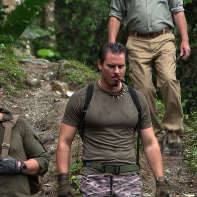 Timothy Alberino and Gary Heavin hiking to Alberino's property in the Amazon jungle of Peru.