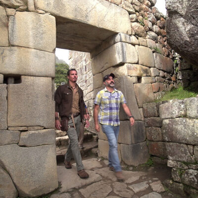 Timothy Alberino entering the doorway of the citadel at Machu Picchu, Peru.