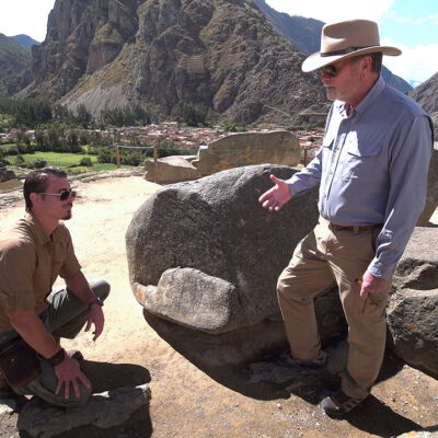 Timothy Alberino and Gary Heavin discussing the megalithic blocks at Ollantaytambo, Peru.