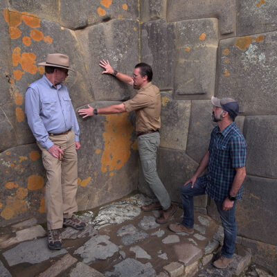 Timothy Alberino and Gary Heavin examining the megalithic architecture at Ollantaytambo, Peru.