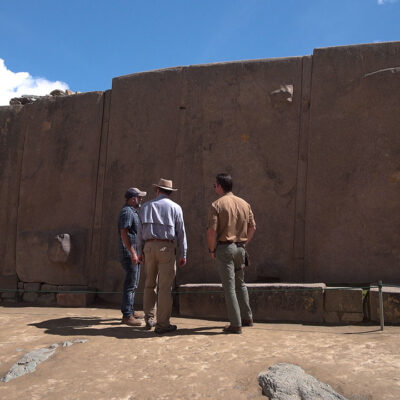Timothy Alberino and Gary Heavin discussing the Temple of the Sun at Ollantaytambo, Peru.