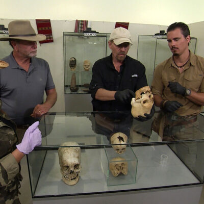 Timothy Alberino extracting DNA from an elongated skull with Gary Heavin, L.A. Marzulli, and Chase Kloetzke in Paracas, Peru.