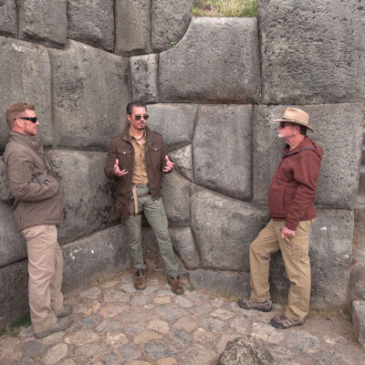 Timothy Alberino and Gary Heavin discussing the megalithic walls of Sacsayhuaman, Peru.