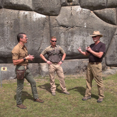 Timothy Alberino and Gary Heavin discussing the megalithic walls of Sacsayhuaman, Peru. Circa 2019 (production still).