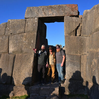 Timothy Alberino at Sacsayhuaman with Luke Rodgers and Nate Henry from the Blurry Creatures Podcast.