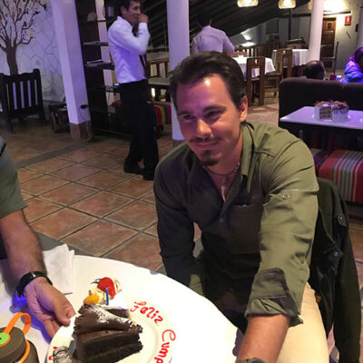 Timothy Alberino celebrating his 36th birthday party with the expedition team in Aguas Calientes, Peru.
