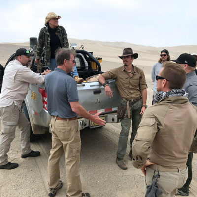 Timothy Alberino, Gary Heavin, Chase Kloetzke, and team exploring the Chongos necropolis in Paracas, Peru.