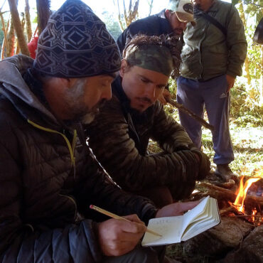 Timothy Alberino with his team at base camp during an expedition to a lost city in the Andes mountains of Peru.