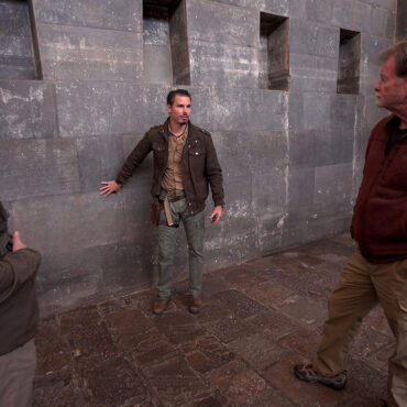 Timothy Alberino and Gary Heavin examining the megalithic walls at the Coricancha (Qorikancha), Peru.