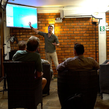 Timothy Alberino briefing his expedition team in the Amazon jungle city of Tarapoto, Peru.