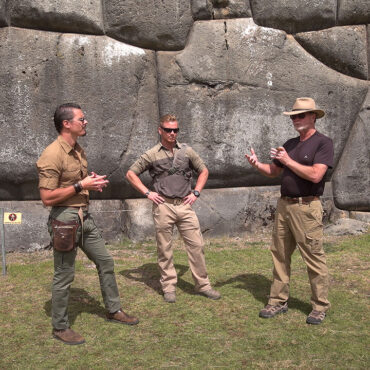 Timothy Alberino and Gary Heavin discussing the megalithic walls of Sacsayhuaman, Peru.