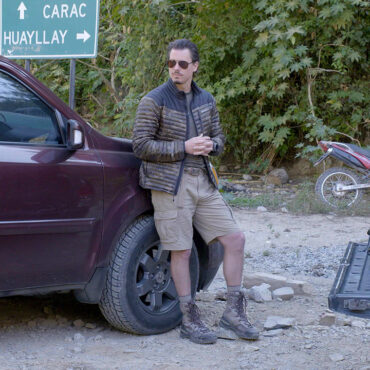 Timothy Alberino setting out on an expedition into the Andes mountains of Peru.